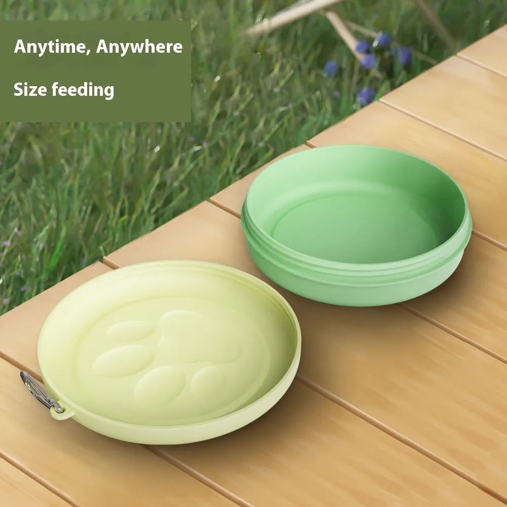 Portable dog bowl with removable lid in light pink and green colour options showing small and large size variants