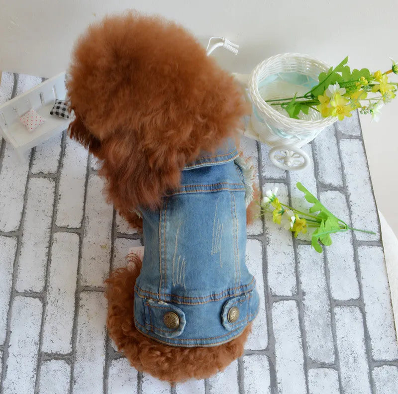 Denim pet dog vest with retro scratch pattern in dark and light colours for small breed autumn winter wear