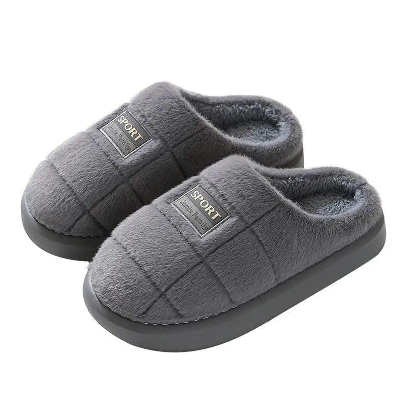 Men's plaid rabbit hair slippers with thick sole, shown in brown and grey colour options