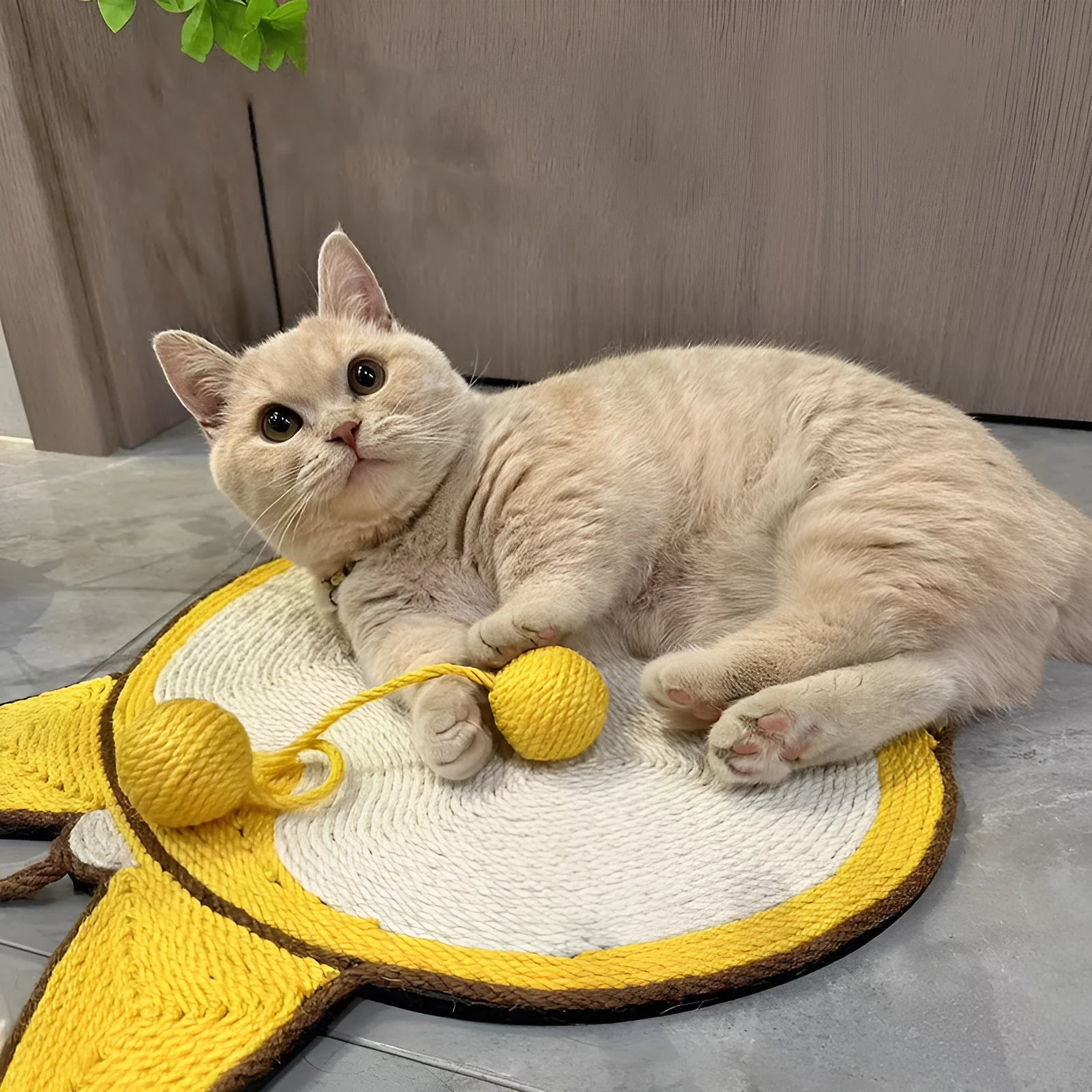 Yellow cat scratching pad with Corgi dog butt design, made from natural sisal with anti-slip base.