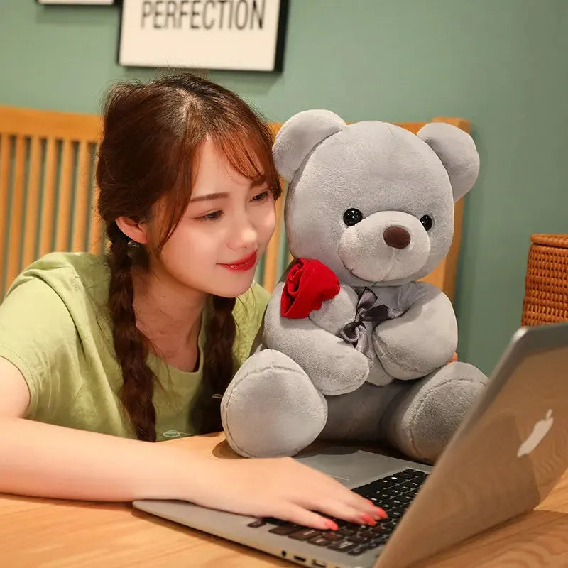 Rose bear plush pillow stuffed animal doll in beige, brown or grey with clear cartoon printing