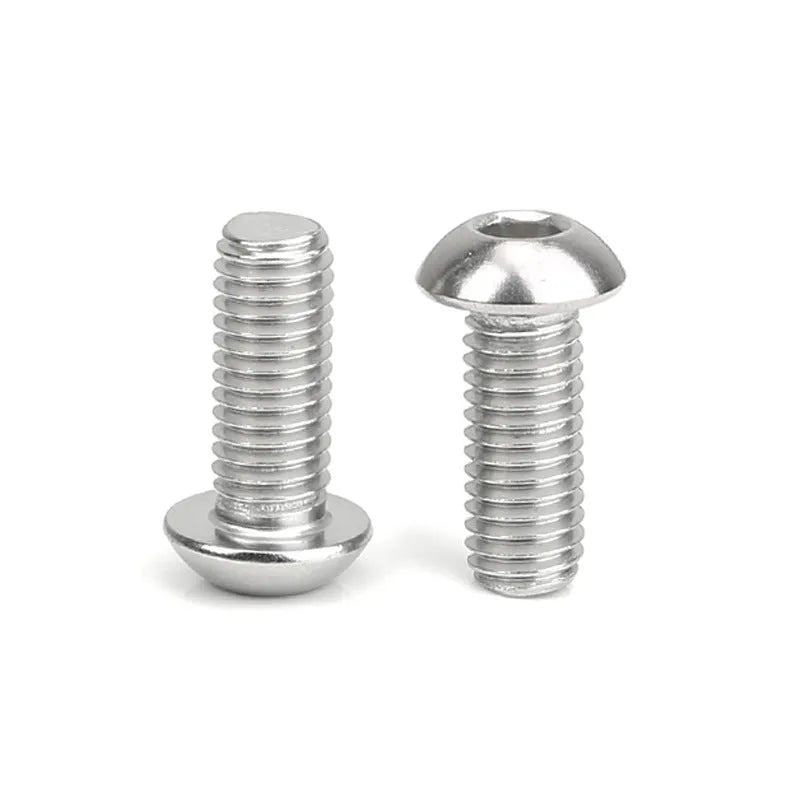 Stainless steel half round head hexagon screw with whitewash finish, shown next to a hex key.