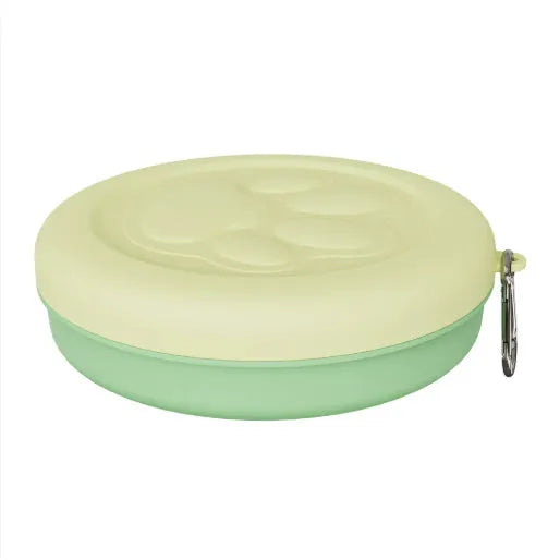 Portable dog bowl with removable lid in light pink and green colour options showing small and large size variants