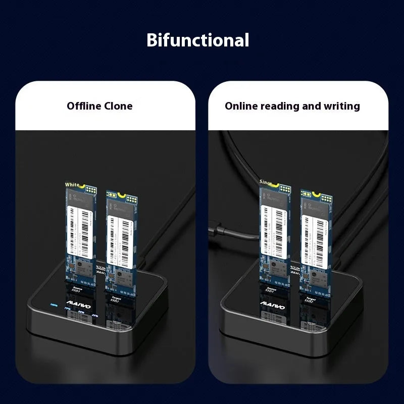 MAIWO K3016 M.2 solid state hard drive dock and copier unit with data cables and UK plug power adapter.