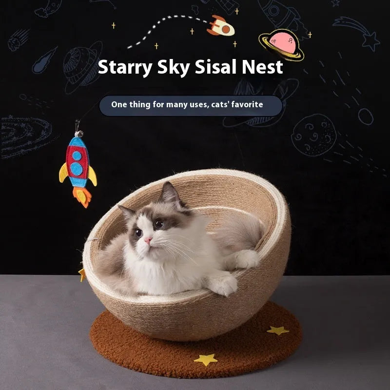 Large integrated cat scratch basin and nest in starlight colour with sisal rope post and flannel bedding.