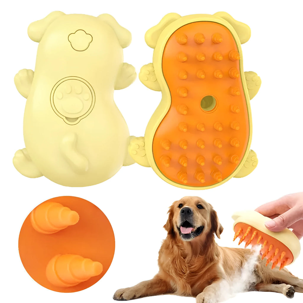 Cat Steamy Brush 3-in-1 pet grooming tool with steam spray function on a table.