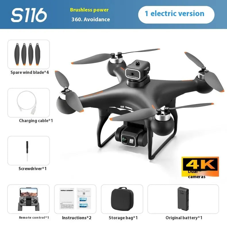 S116 black and white HD brushless UAV drone with four propellers and camera, shown with remote control.