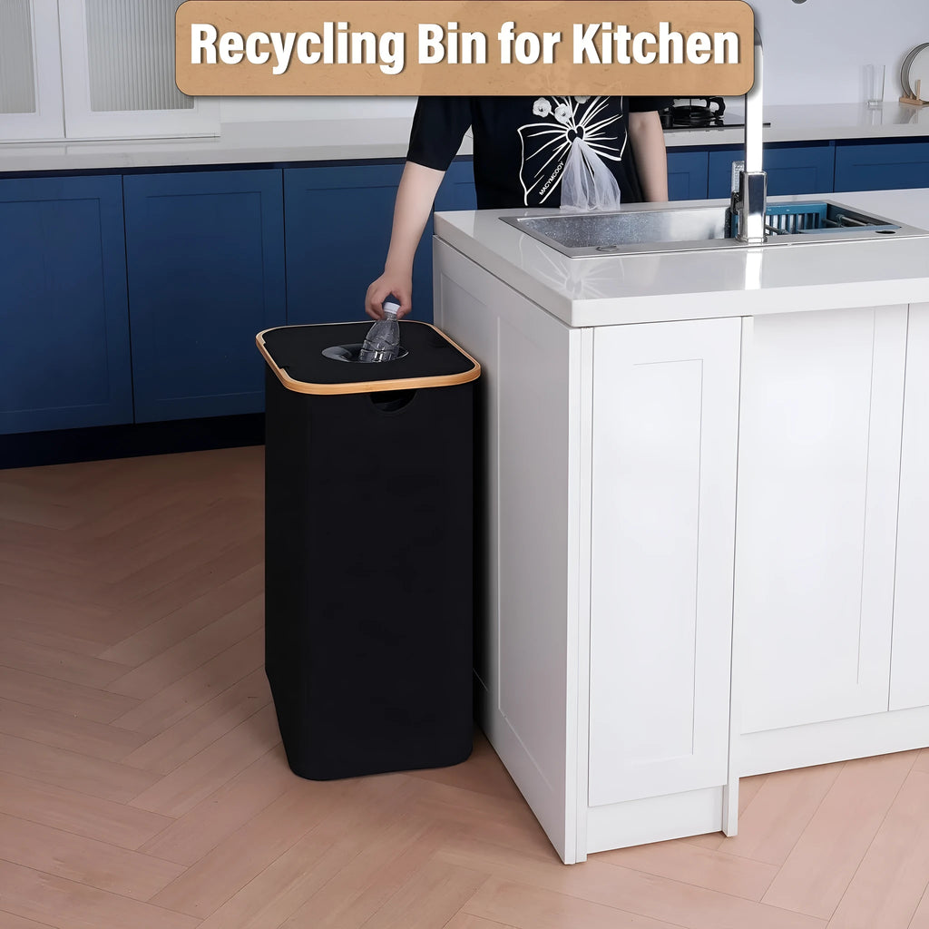 Black bamboo storage basket with lid, removable bottle holder and double inner pockets