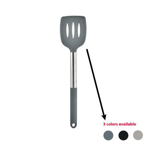 12-piece silicone kitchenware set with rotating storage bucket showing utensils in black, dark grey or khaki colours