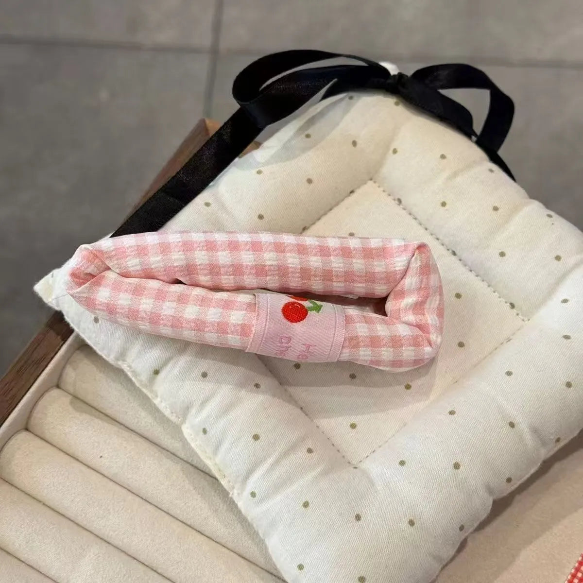 Cute plaid cherry barrette for girls in blue checkered pattern handmade cloth hair clip