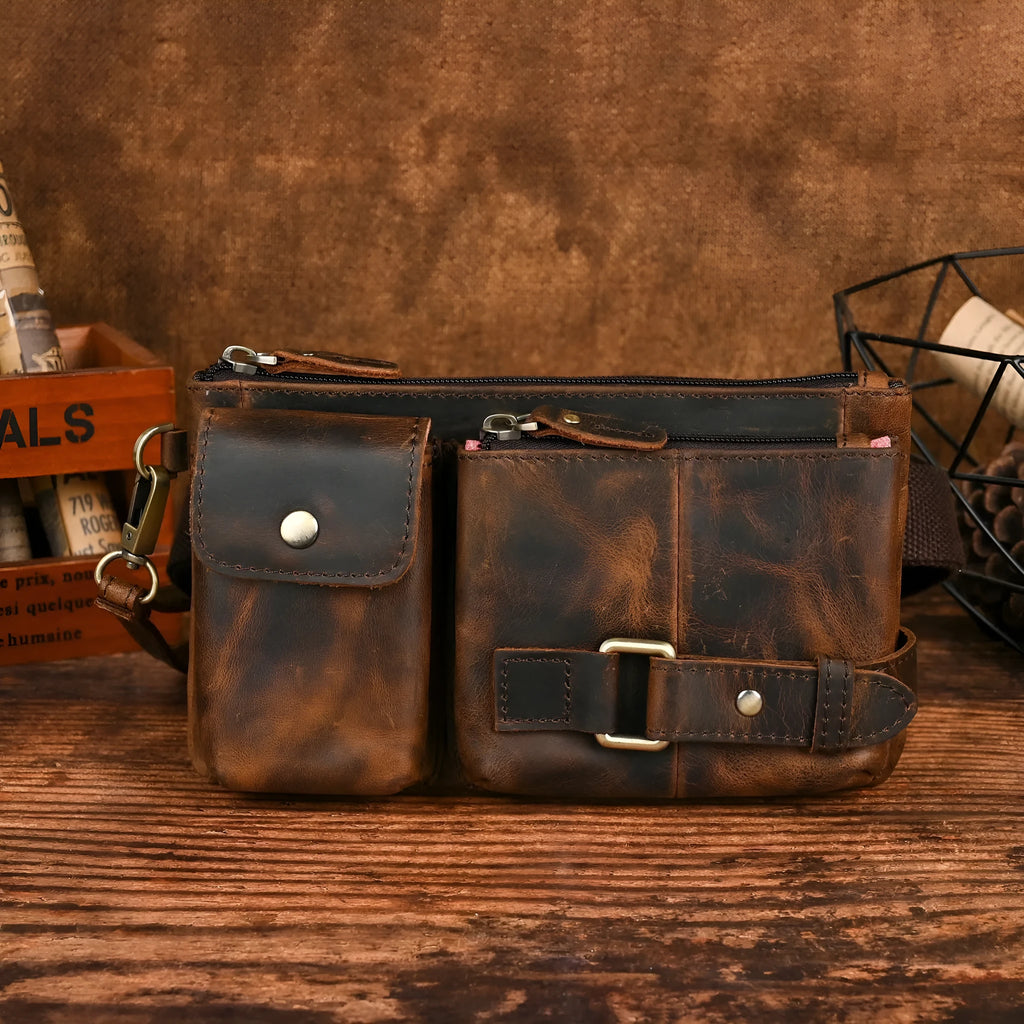 Men's vegetable tanned cowhide leather chest bag crossbody in Dark Crazy Horse colour