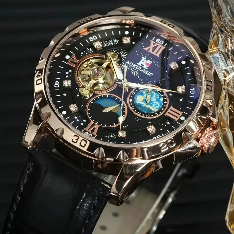 Men's automatic mechanical watch with large hollow dial, rose gold shell, and black leather strap