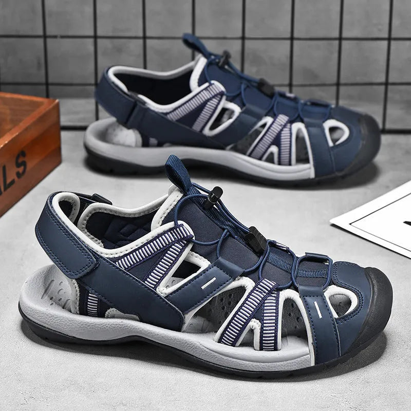 Men's LX01 Blue summer casual sports shoes with mesh upper and Velcro strap.