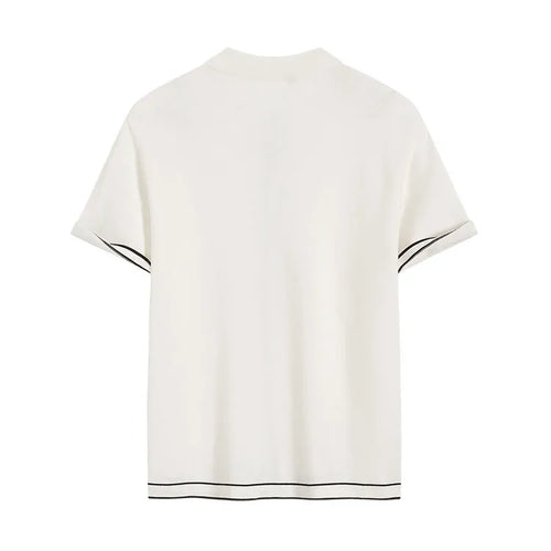 White short sleeve cardigan with dark contrast colour lapels laid flat.