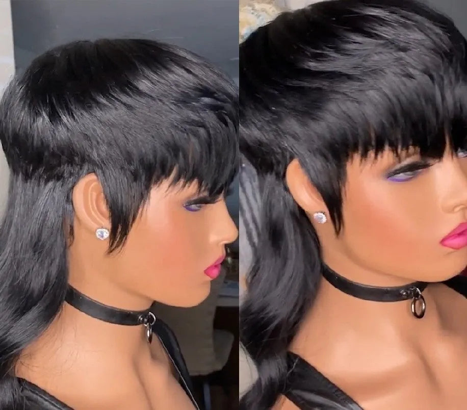 T7262 Black Brazilian synthetic wig with bangs and long hair, front short back long style.
