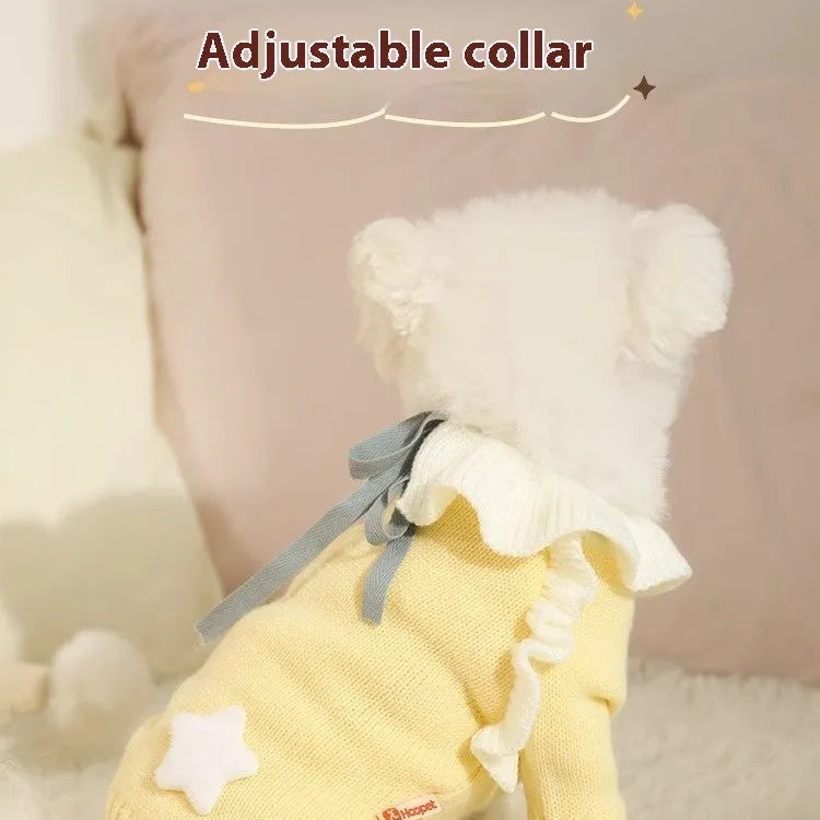Yellow XINGX and Fairy Dress style acrylic knit dog sweaters for small breeds in autumn.