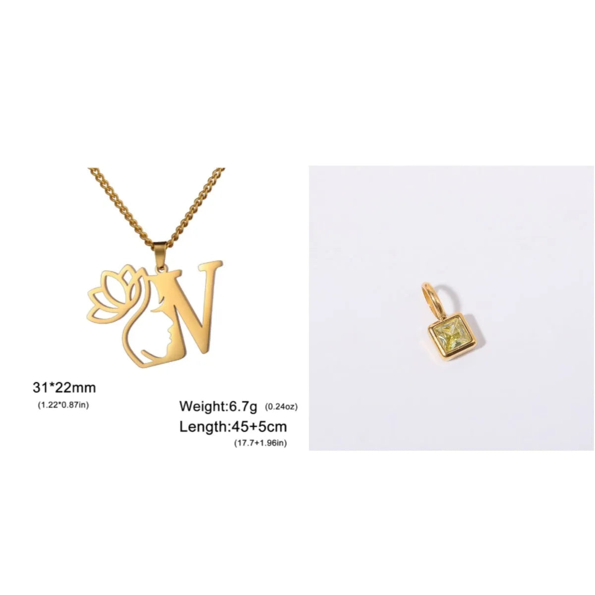 Stainless steel necklace with letter pendant on cross chain in gold or silver electroplated finish