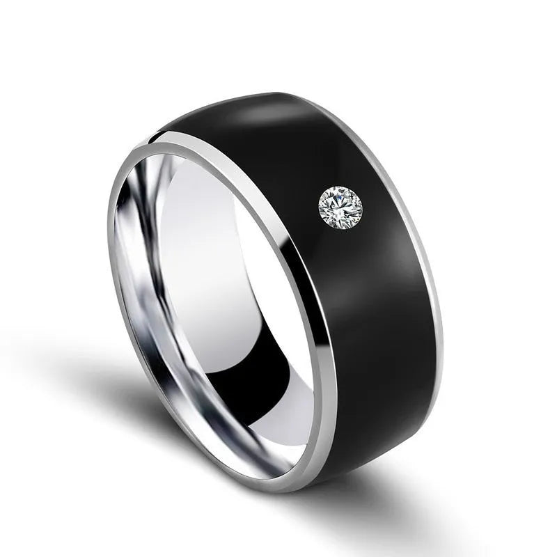 Black NFC multifunctional smart ring on finger for smartphone unlock, waterproof design