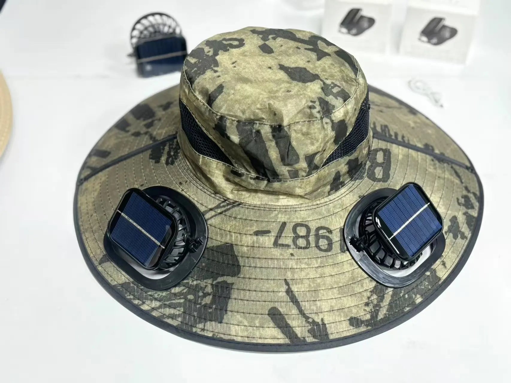Men's big brim fishing hat with UV protection, breathable acrylic fabric, dome crown, machine embroidery, square camouflage pattern