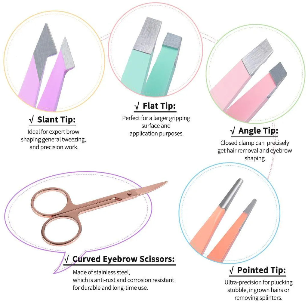 Professional six-piece stainless steel eyebrow tweezers set with curved scissors and leather case.