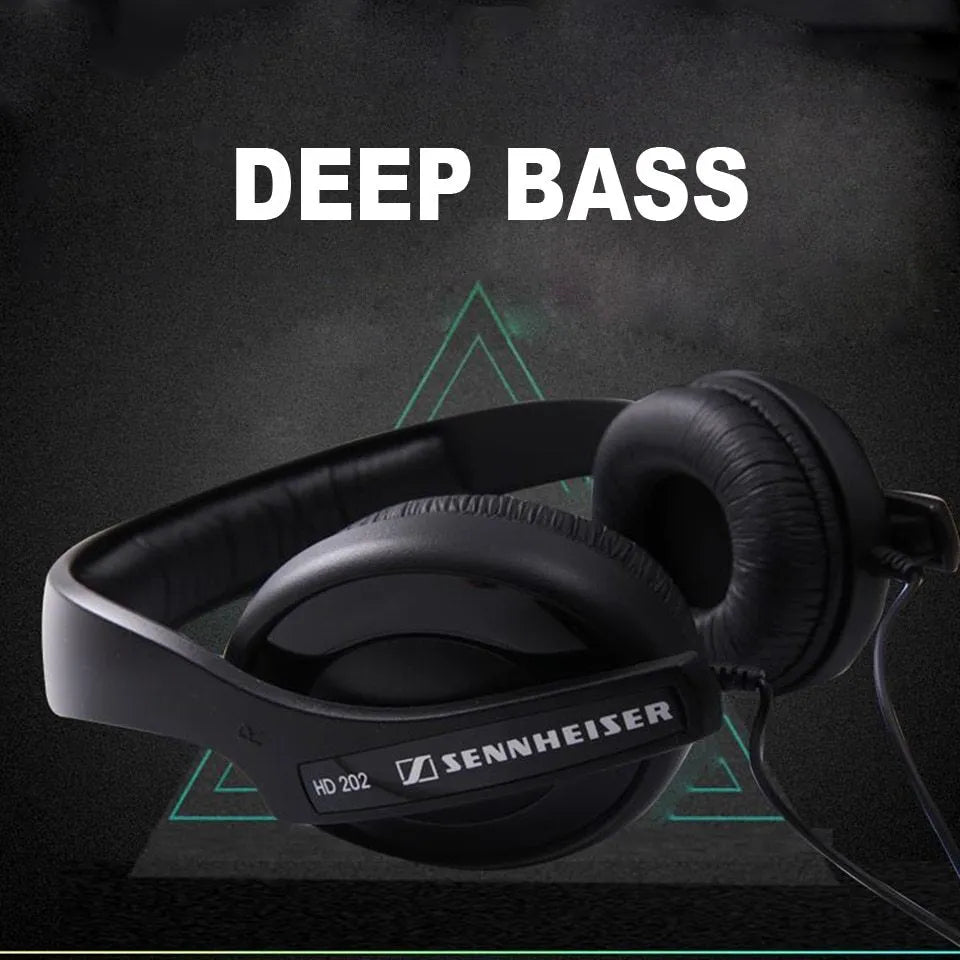 Black stereo headphones with head-mounted design, 40mm speakers, and integrated cable with microphone