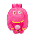 Soft blue plush dinosaur backpack for children with embroidery details and a single handle.