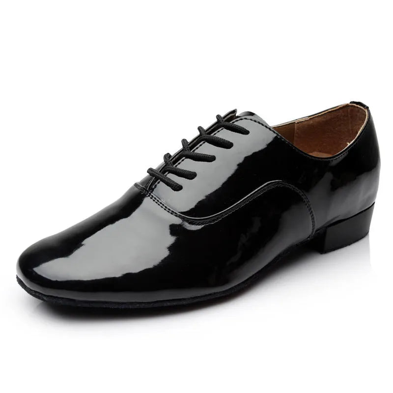 Men's black indoor dancing shoes with a synthetic leather upper and calf leather sole.