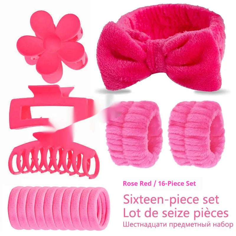 Bow-shaped washing face hair band with plaid pattern and wrist strap, assorted colours set of 16