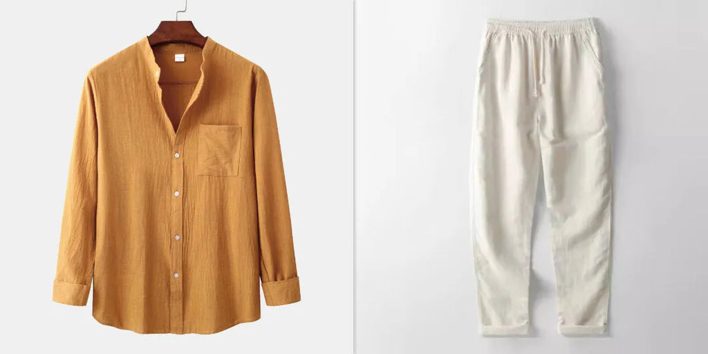 Men's brown cotton blend casual shirt and pants set with long sleeves showing size options