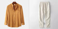 Men's brown cotton blend casual shirt and pants set with long sleeves showing size options