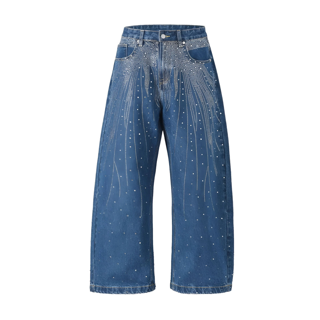 Blue loose-fitting cotton wide-leg trousers on a hanger, showing straight cut and regular sleeve style