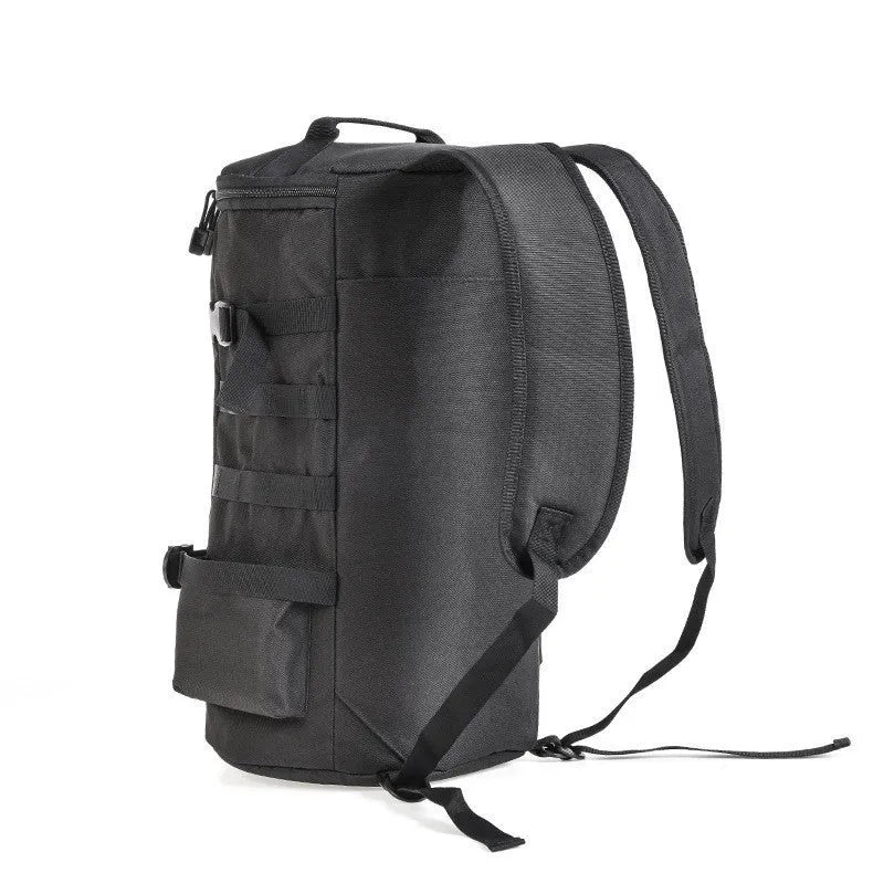 Cylinder fishing tackle backpack black polyester fabric 23L capacity 45x26x26cm