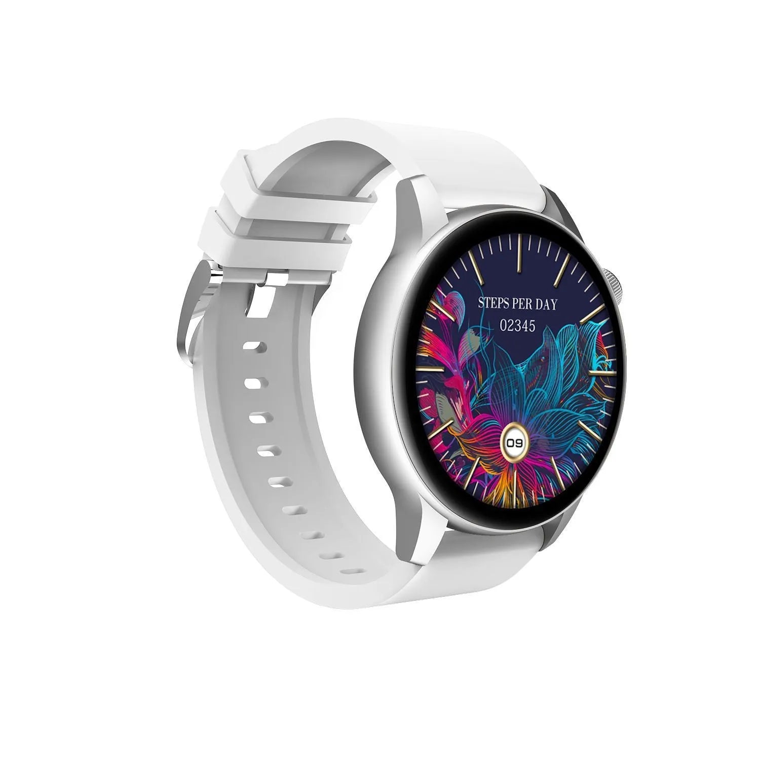 Smart watch with 1.30-inch colour touchscreen and stainless steel body in black, pink, or silver