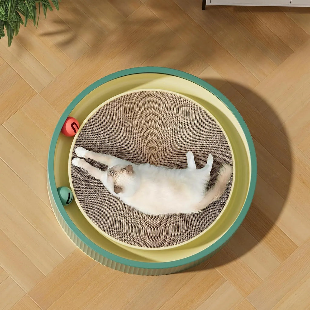 Large green circular cat scratching board with spring plush ball and moving bell toys