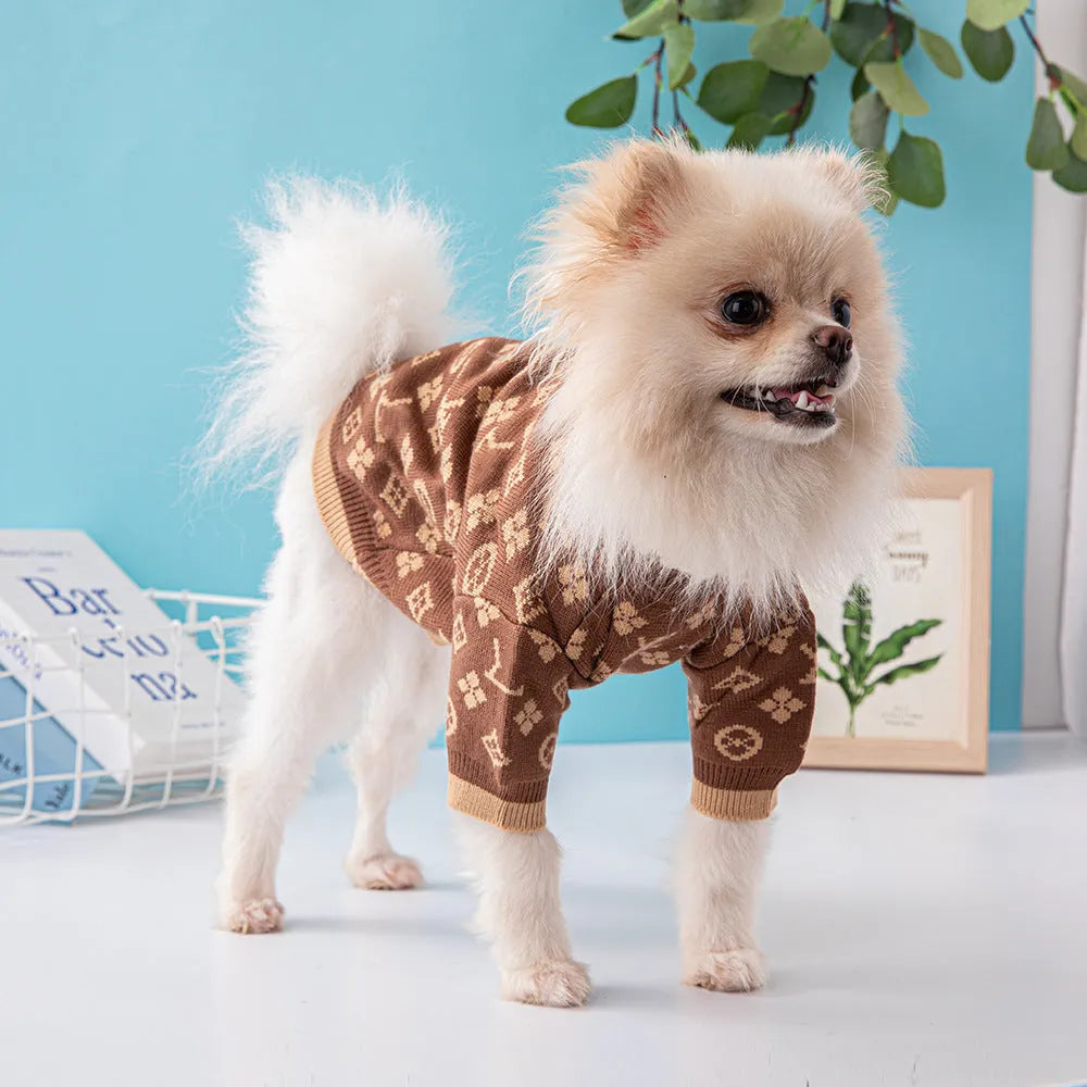 A thick wool knit dog jumper for autumn and winter, shown in a monochrome colour on a model dog.
