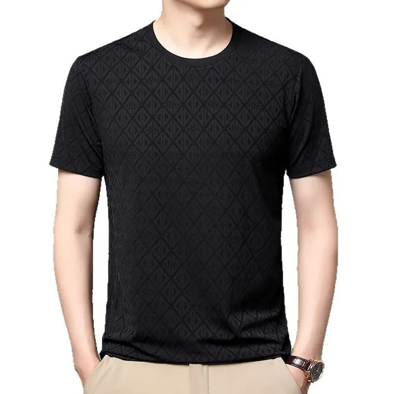 Man wearing a loose fit black round neck short sleeve T-shirt made from Ice Silk fabric.