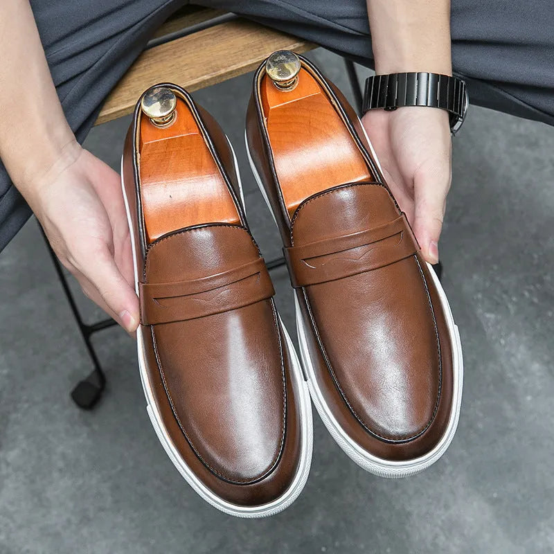 Plus size men's business casual board shoes in brown with flat heel, round toe, and rubber sole