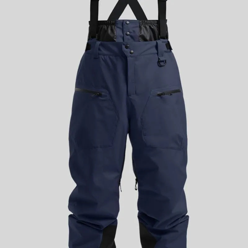 Men's black waterproof ski trousers with thickened straps and flame-retardant linen fabric.