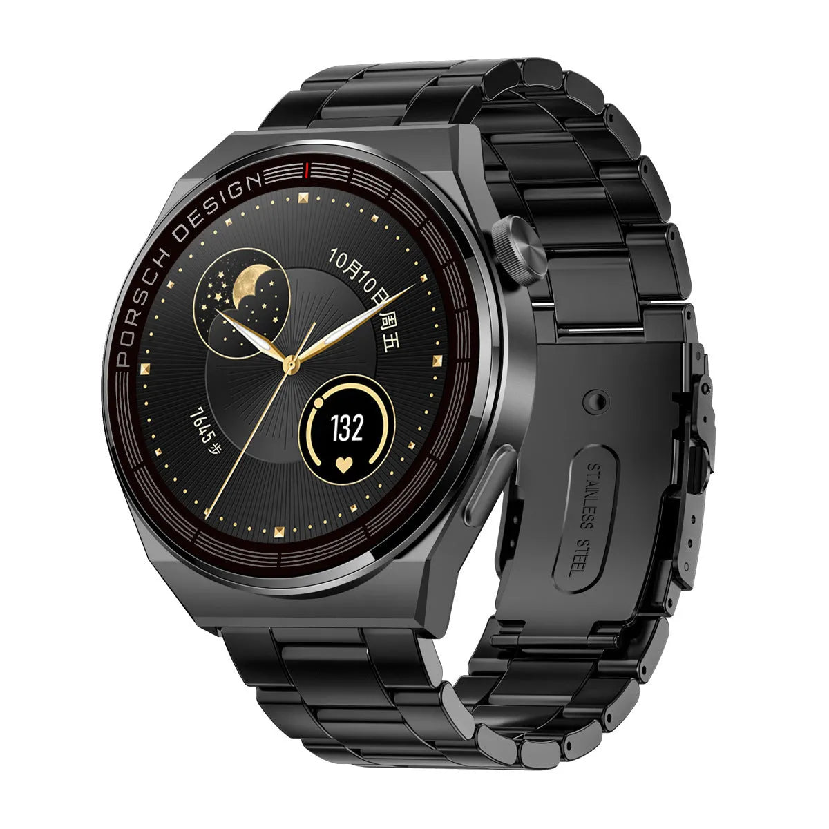 Smartwatch with 1.39 inch glass screen, black shell, black silicone strap, showing step counter screen