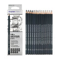 Set of 14 black graphite drawing pencils in a box, each labelled with grade from 6H to 12B, 18cm length