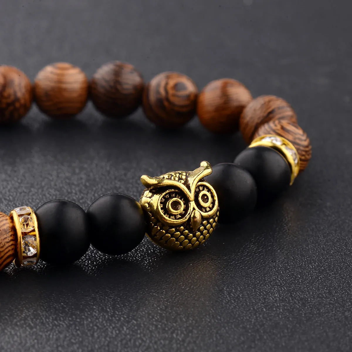 Owl frosted stone lifeline wood grain bracelet with wood beads alloy stone in black and gold colour options