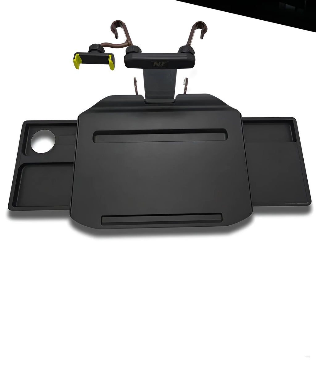 Child car study desk in ABS plastic with laptop holder, two removable trays, and phone holder, black colour