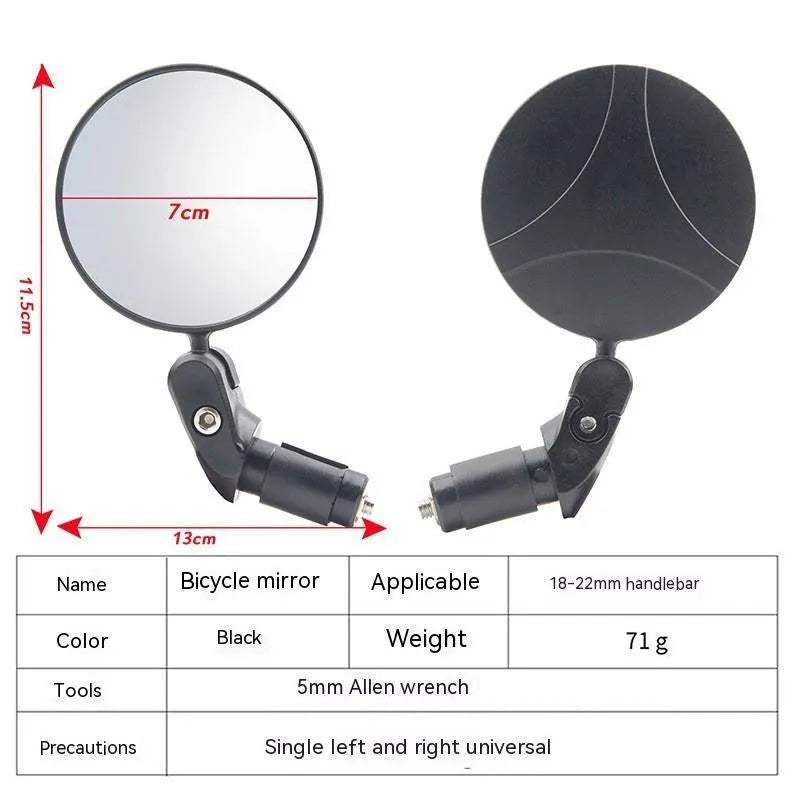 Black foldable convex rearview mirror with 7cm diameter reflector and rotating mount