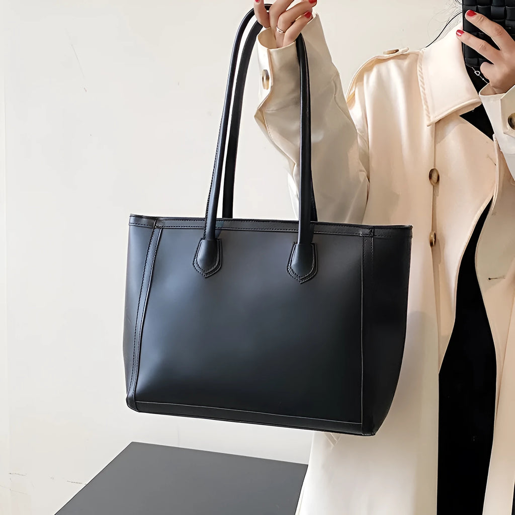 Horizontal square PU tote shoulder bag in khaki colour with smooth finish