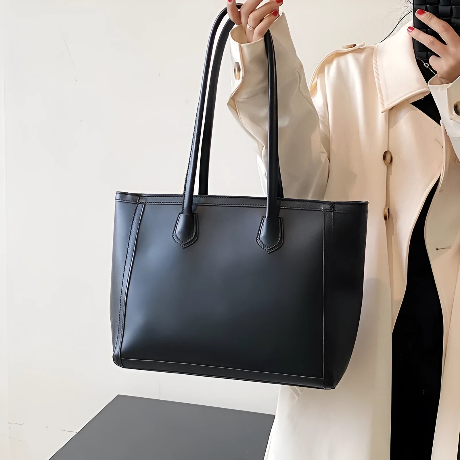 Horizontal square PU tote shoulder bag in khaki colour with smooth finish