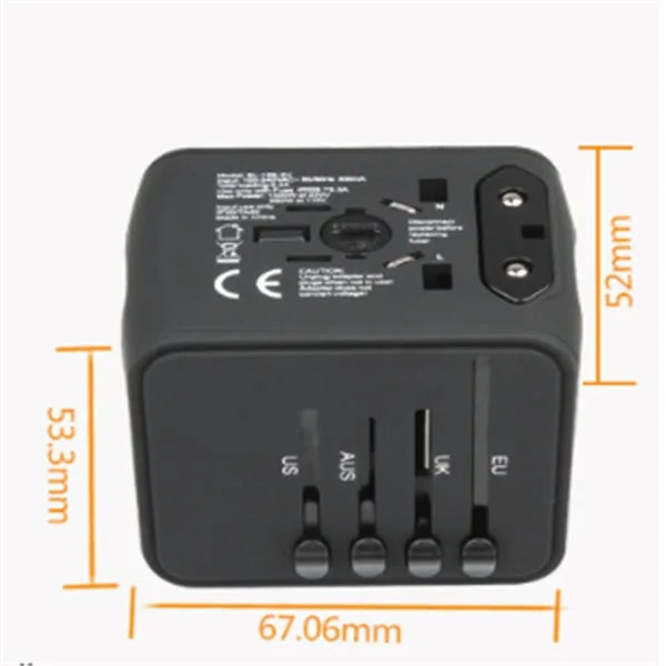 Multi-function universal travel socket adapter with USB ports, black, 66x53x52 mm