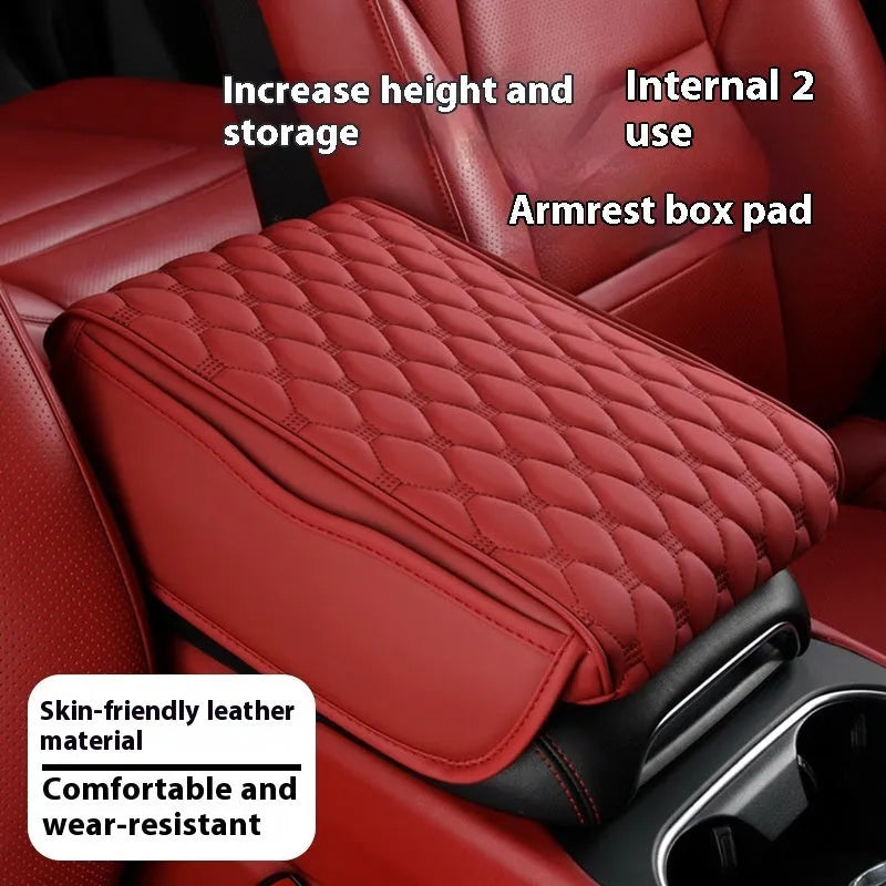 Leather car armrest box organiser in brown, measuring 32x22x5 cm for general vehicle models