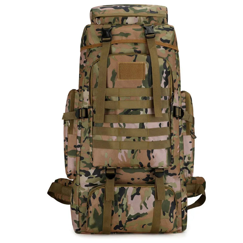 Canvas large capacity men's backpack in army green with retro military style and multiple pockets for hiking travel