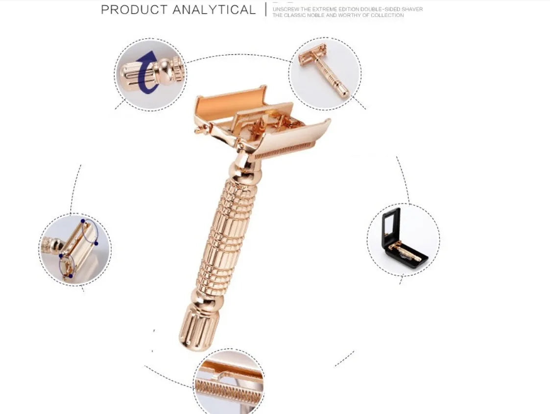 Rose gold chrome plated double edge safety razor with butterfly head in travel storage box with mirror