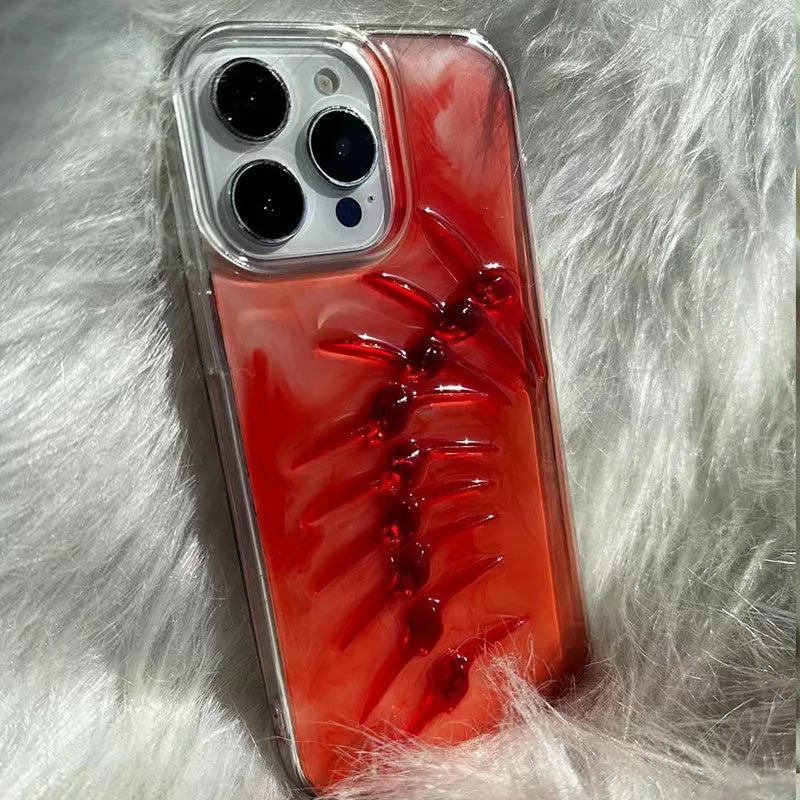 Red silicone phone case with halo staining fish bones design for iPhone models